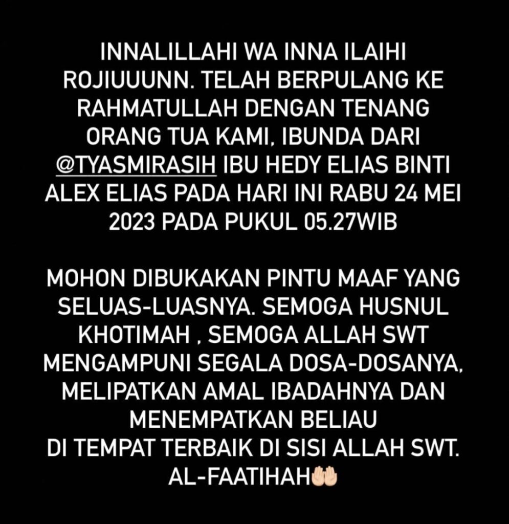 Duka Tyas Mirasih, Ibunda Meninggal Dunia Setelah 2 Bulan Dirawat di Rumah Sakit